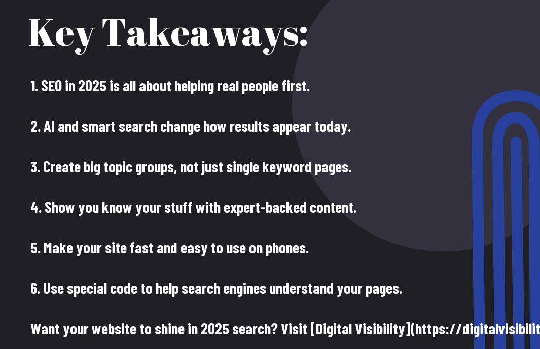 Visual summary of 10 essential SEO strategies for 2025 with implementation steps and best practices showing various digital marketing elements