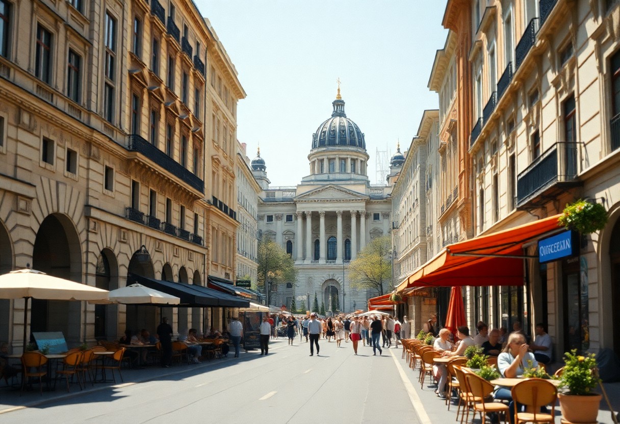 a street with tables and chairs in front of a building