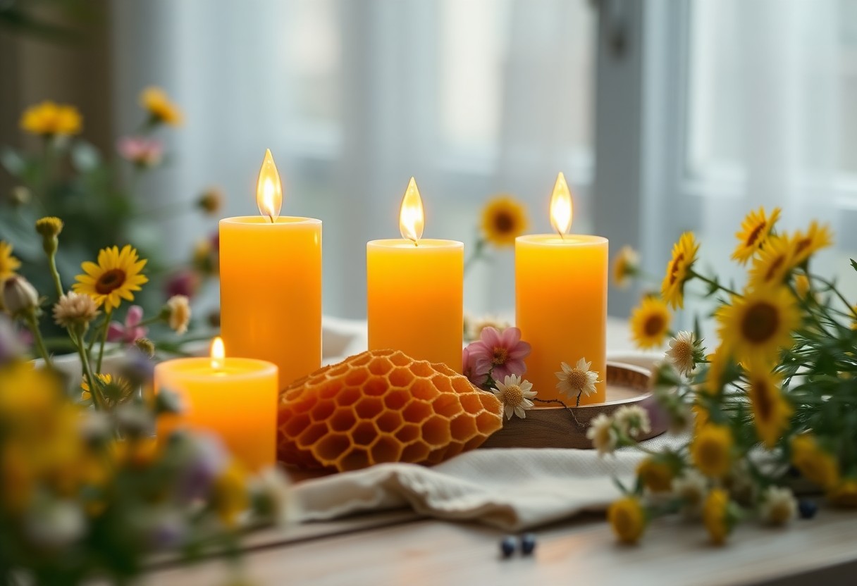 Three beeswax candles burning among flowers