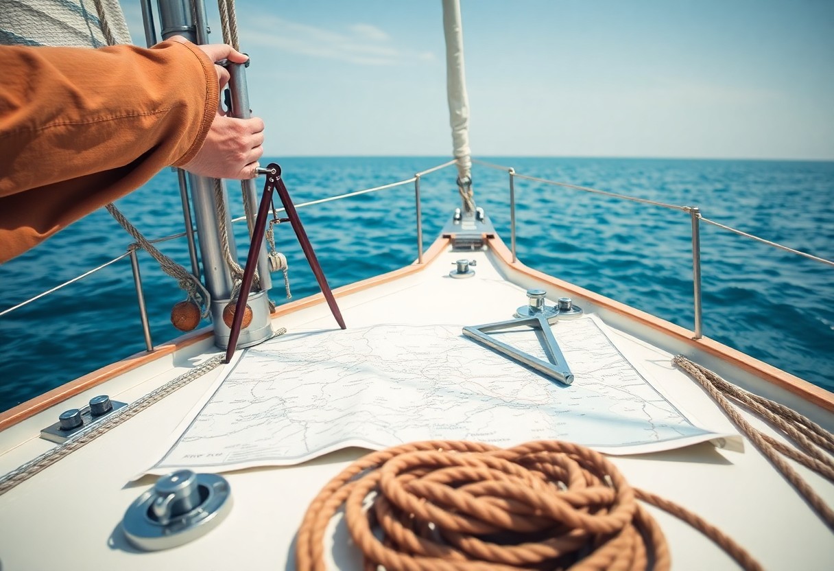 prua della barca con la carta di navigazione marittina