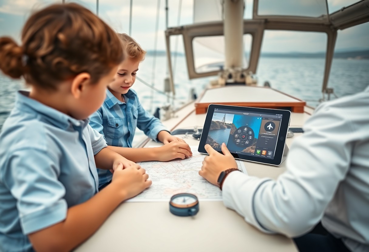 bambini che imparano a navigare in mare