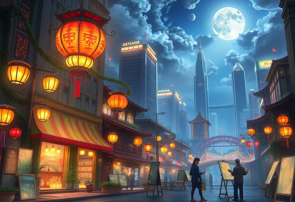Painting of a street with modern buildings