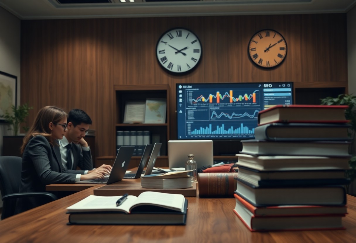 Two lawyers working on their SEO in a meeting room in their office.