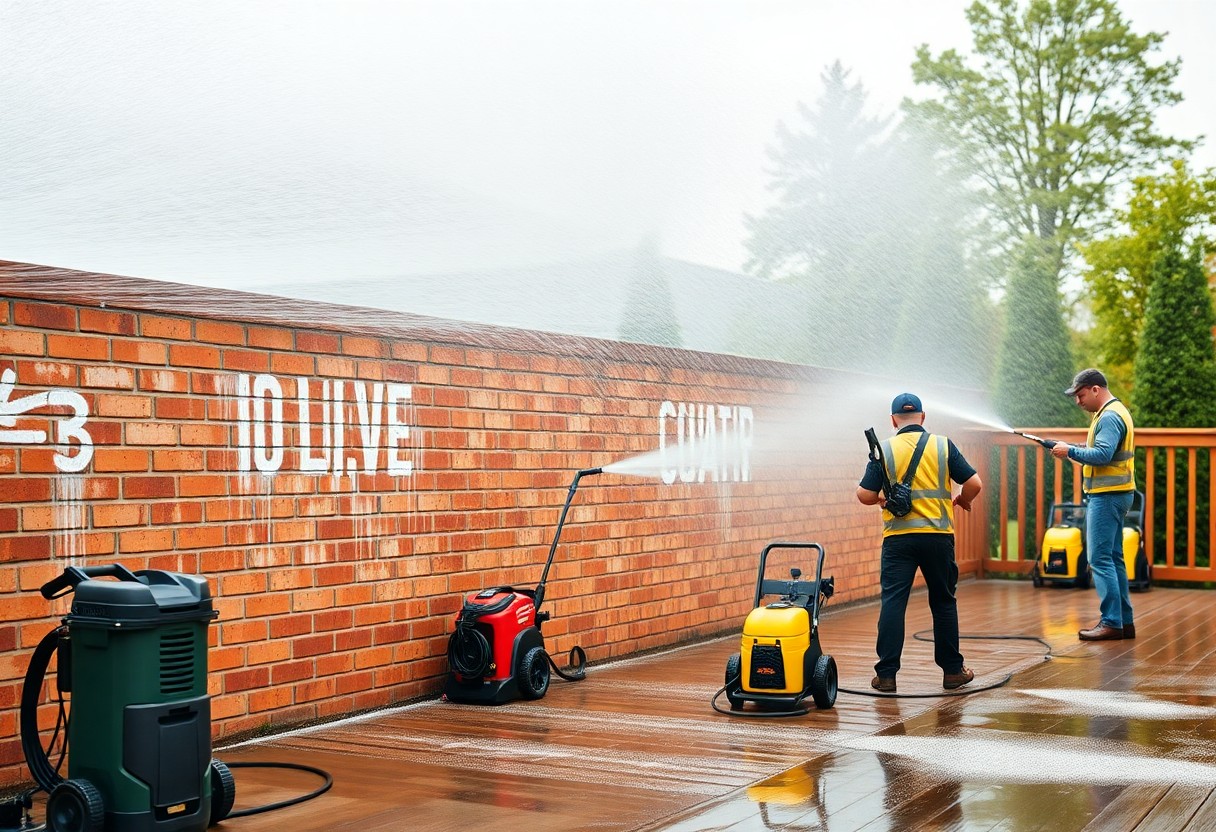 power washing a wall