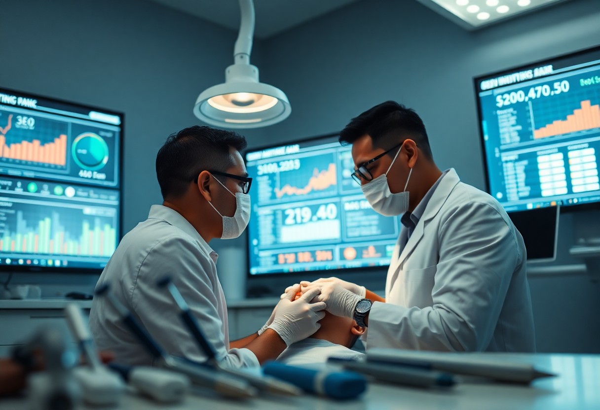 Two dentists working on a patient in their clinic.