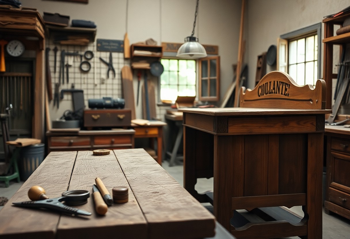 Organisierte Holzwerkstatt mit Bänken, Werkzeugen, Regalen, Sonnenlicht und der Gravur "Coulanthe" auf einer Bank.