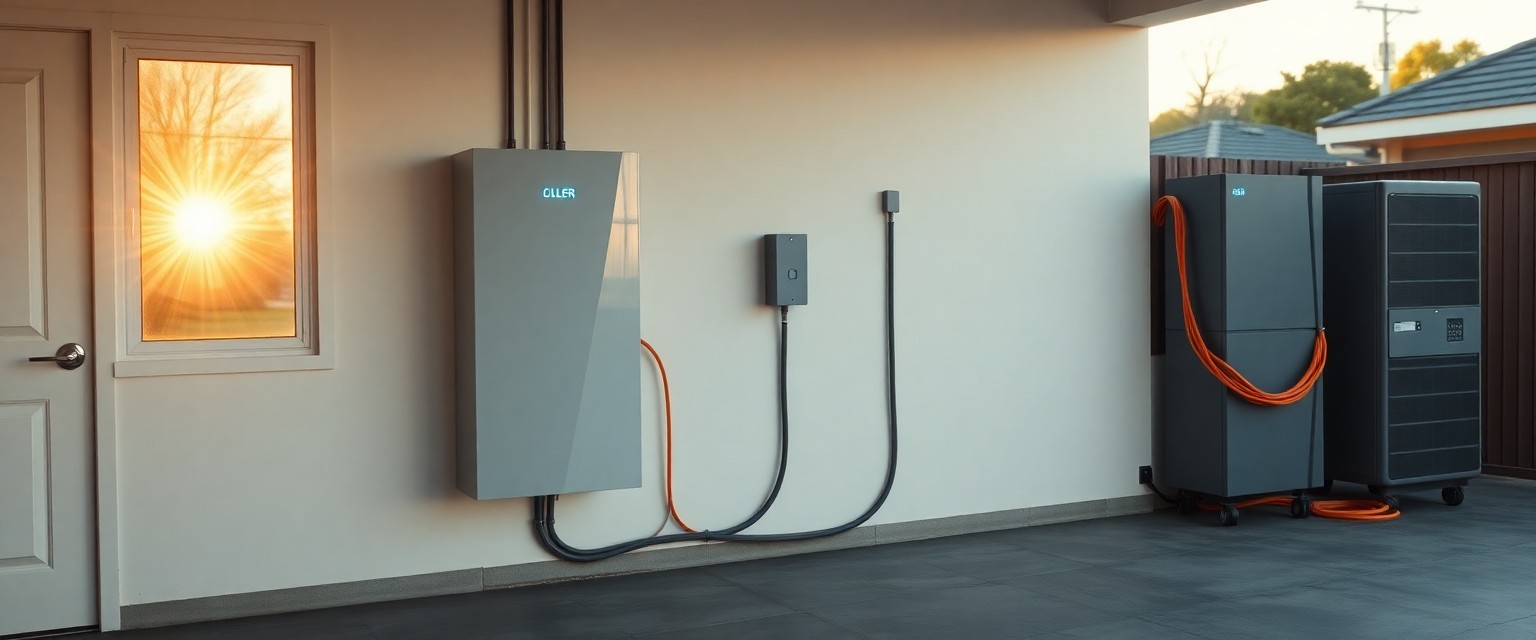 AC Vs DC Coupled Battery — modern residential solar battery storage unit and inverter mounted on garage wall
