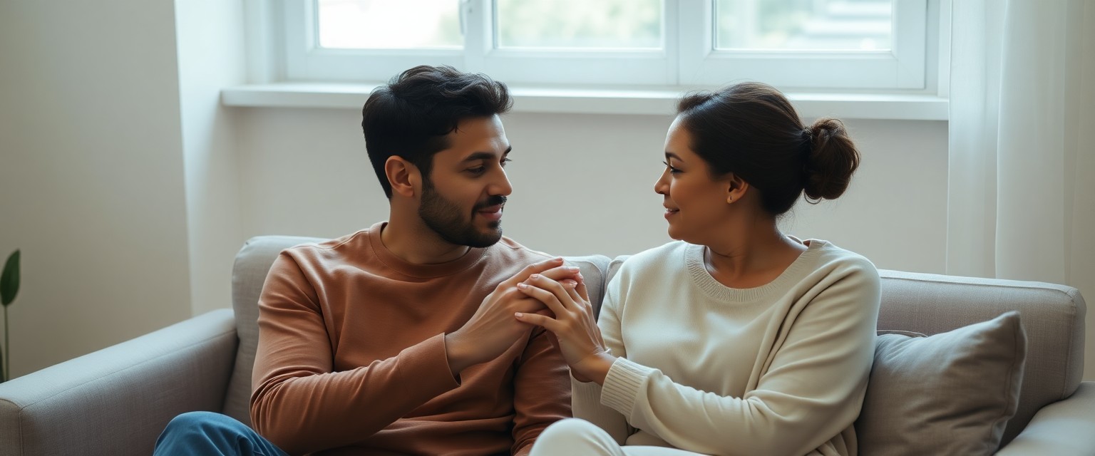 Forgive A Partner For Porn Addiction — couple sitting close on therapy office sofa in calm reconciliation moment