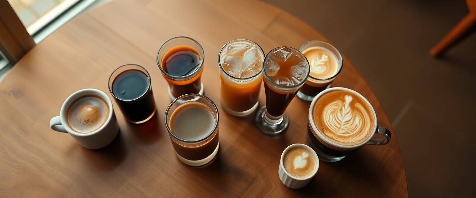 Coffee Drinks Explained — five espresso milk and cold coffee drinks arranged on cafe wooden table