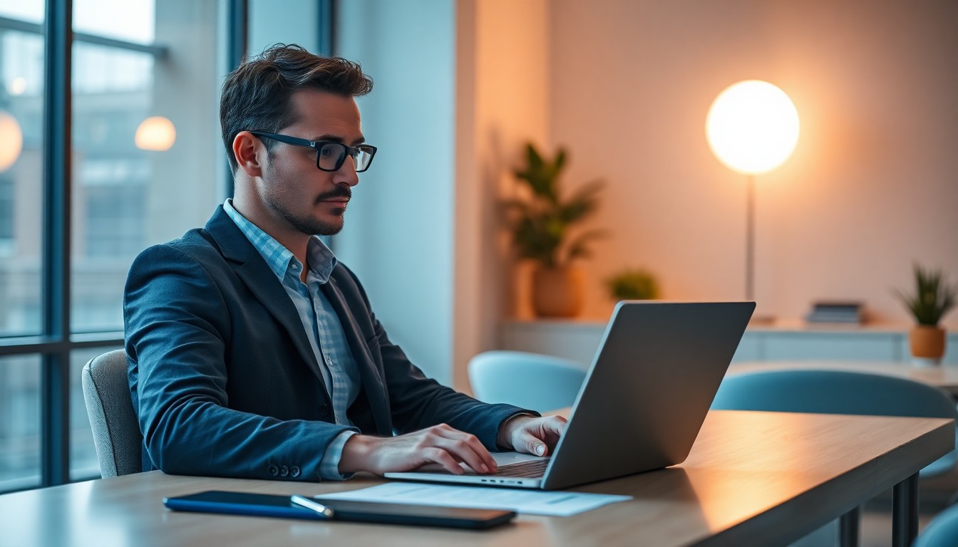 Generate B2B leads with AI — business owner reviewing AI-generated lead lists on laptop at modern desk